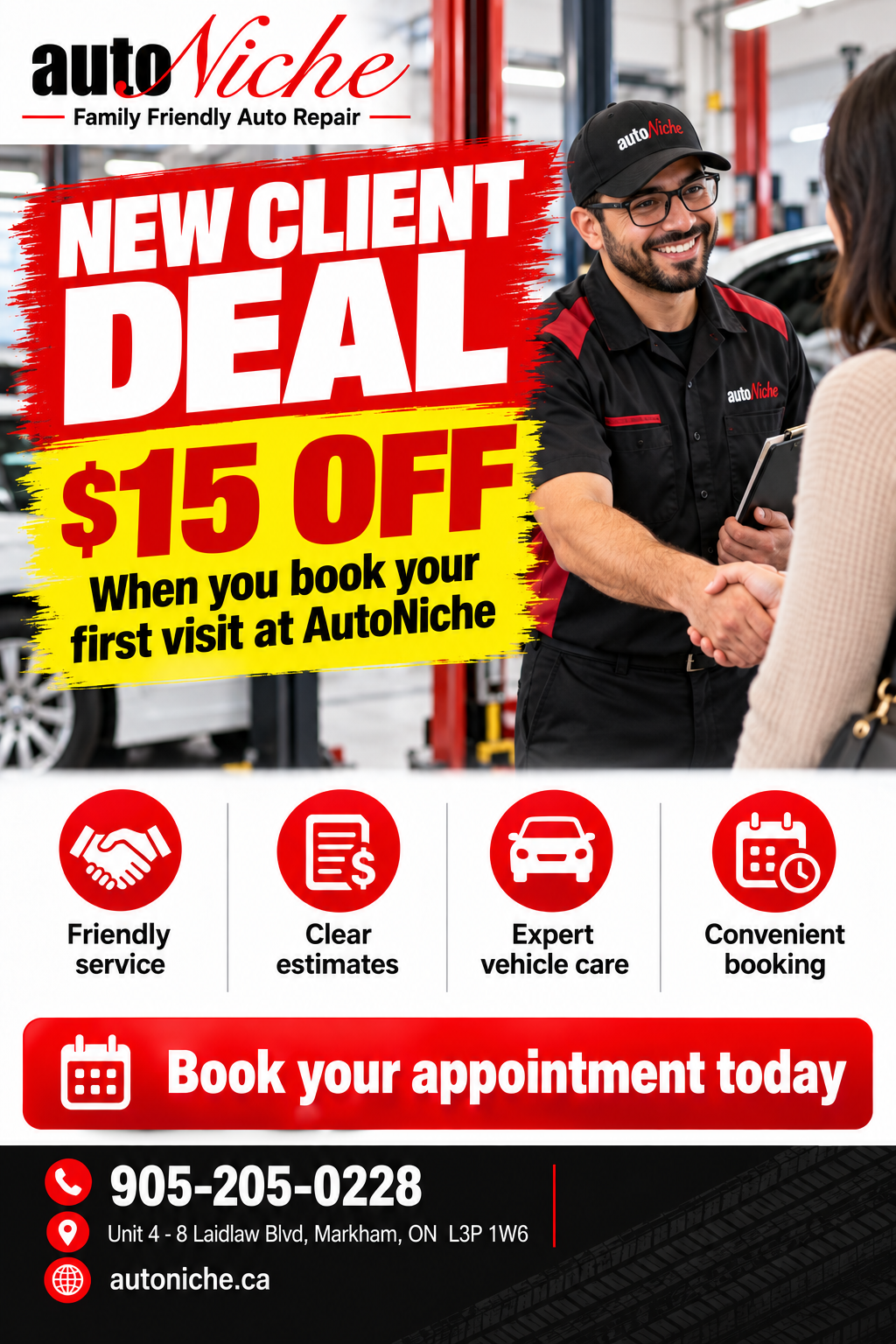 AutoNiche New Client Deal: get $15 off when you book your first visit. Call 905-205-0228.