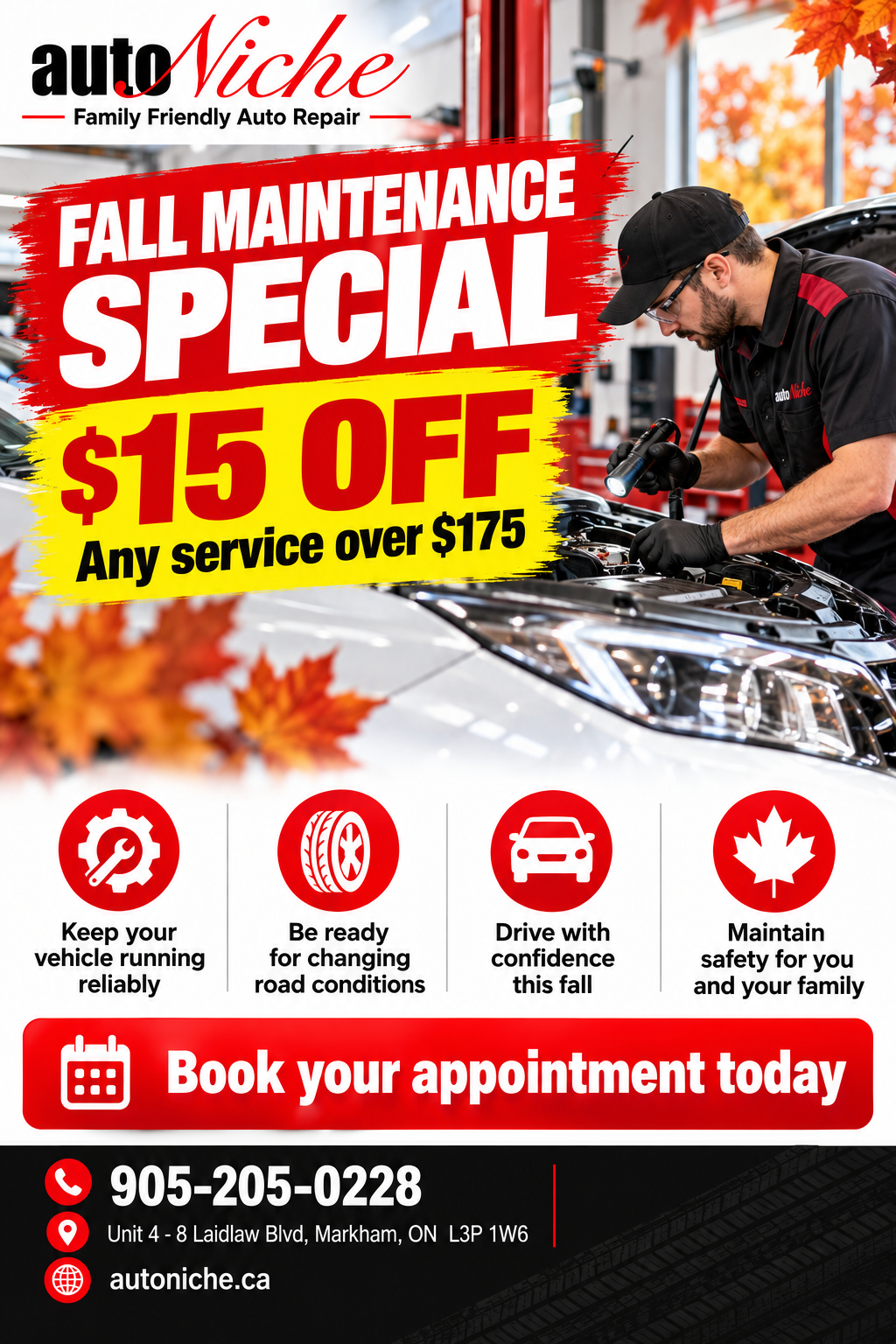 AutoNiche Fall Maintenance Special: $15 off any service over $175.