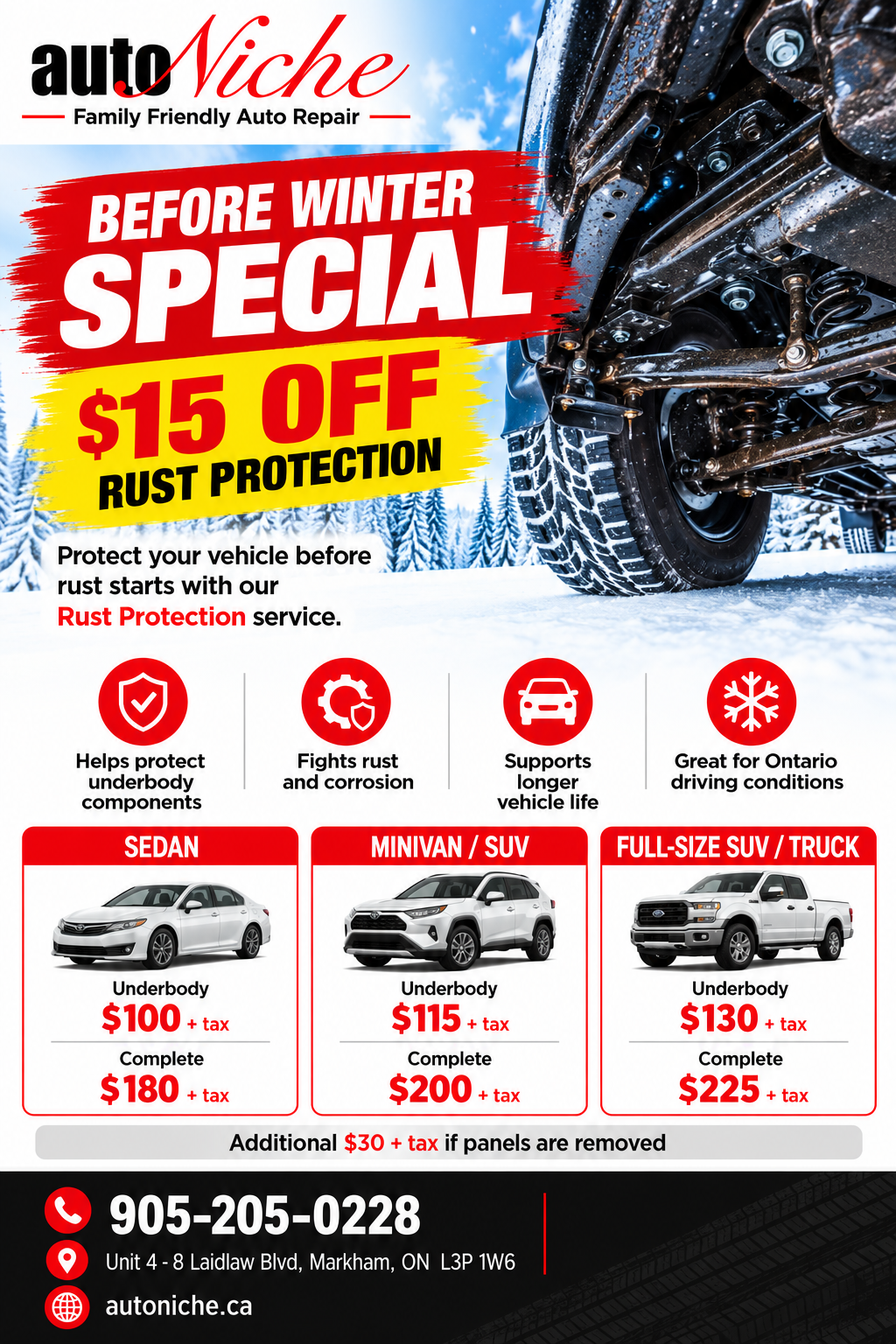 AutoNiche before winter rust protection special with $15 off and sedan, SUV and truck pricing.