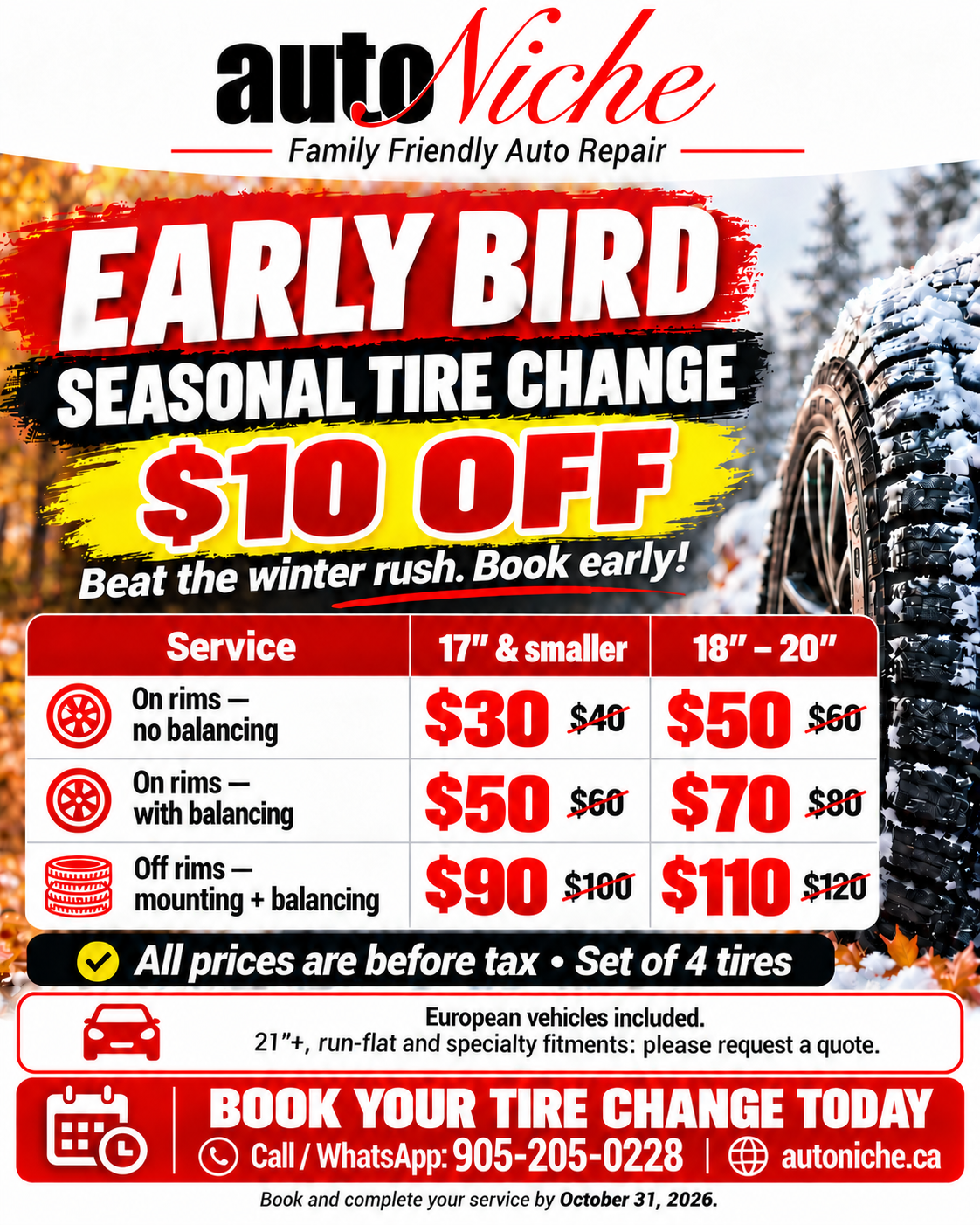 AutoNiche early bird tire change: $10 off, promotional prices from $30 before tax for four tires. Book and complete by October 31, 2026.